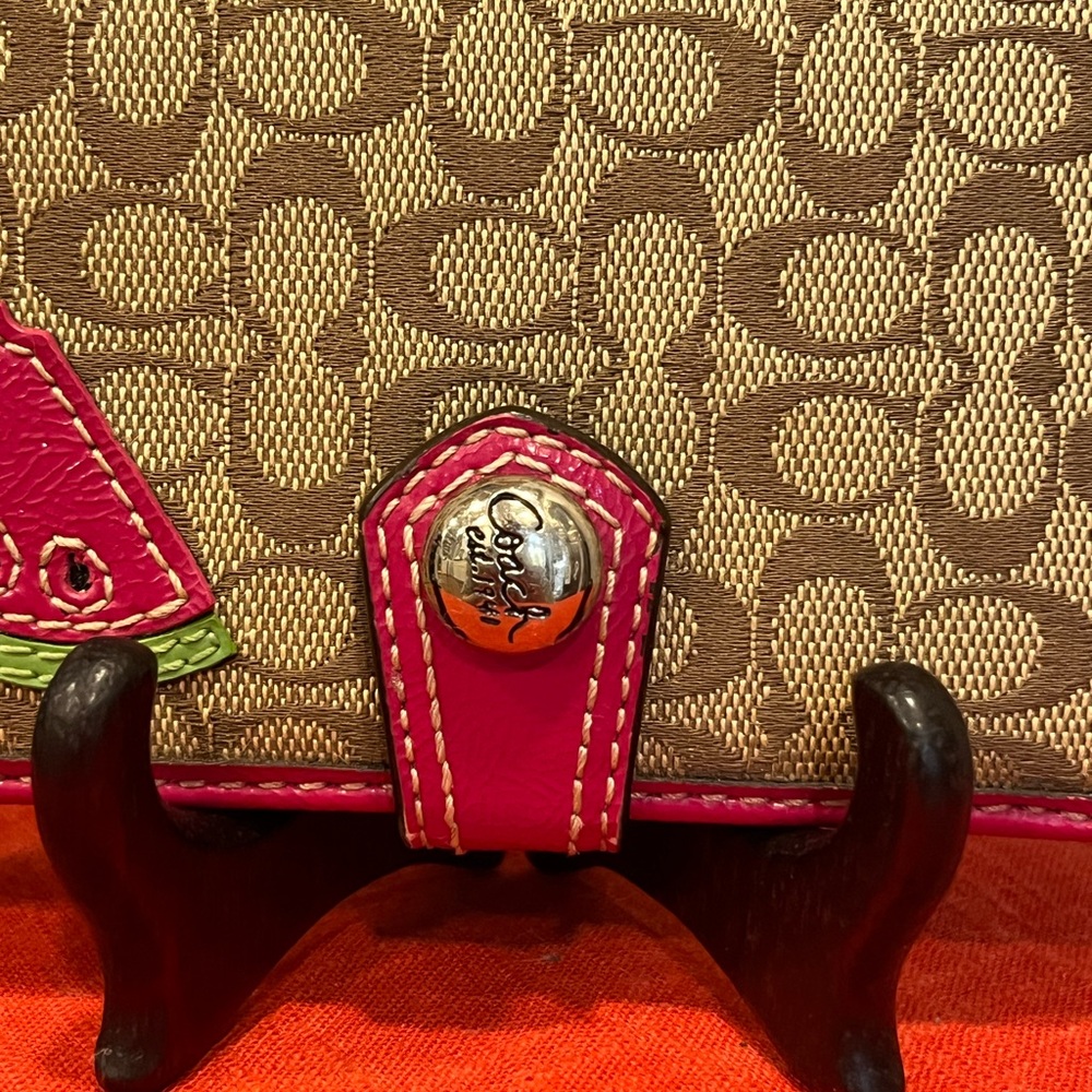 Coach Watermelon Signature Checkbook Wallet Pink Trim Fruit Applique Y2K Rare - Picture 3 of 16